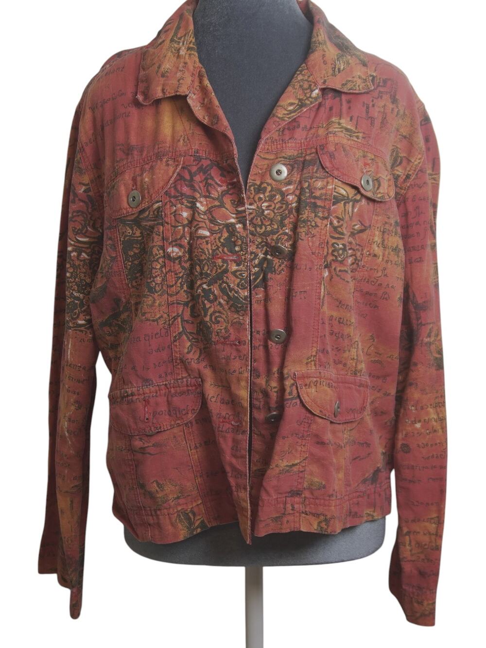 Vintage Chico’s Size 0 Rust Graphic Print Denim Jacket Cotton Y2K Boho